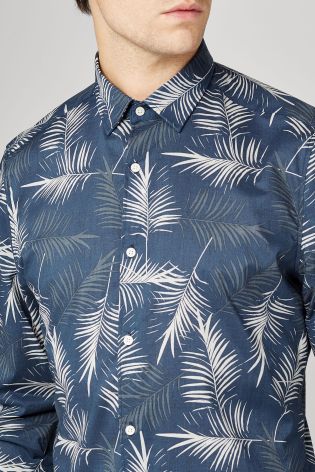 Navy Leaf Print Long Sleeve Shirt